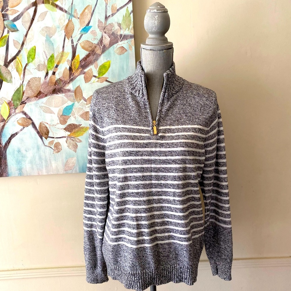 KAREN SCOTT 🩶GRAY & WHITE🤍 STRIPED COZY 100% COTTON SWEATER SIZE L 🌟EUC🌟